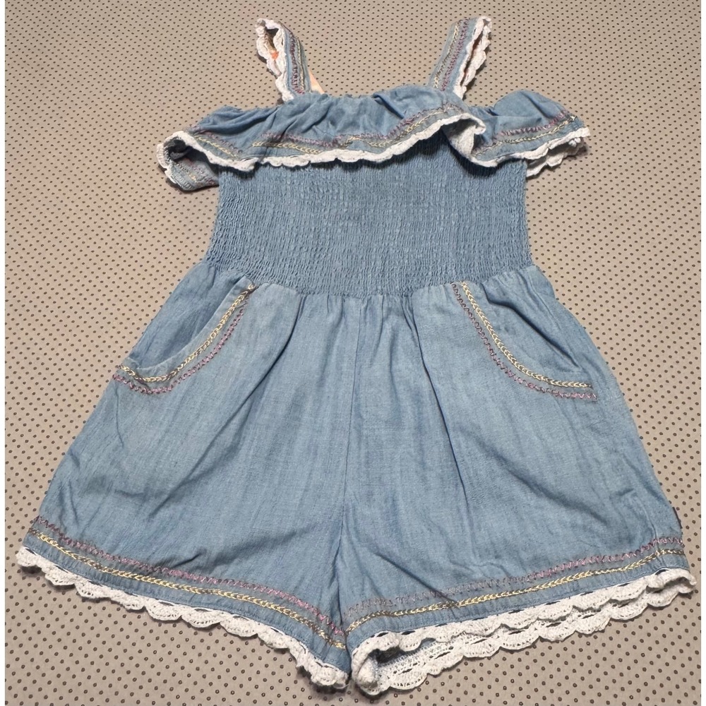 Matilda Jane Picnic In The Park Girls Blue Romper Smocked Lace Embroidery Size 6 - Picture 2 of 4